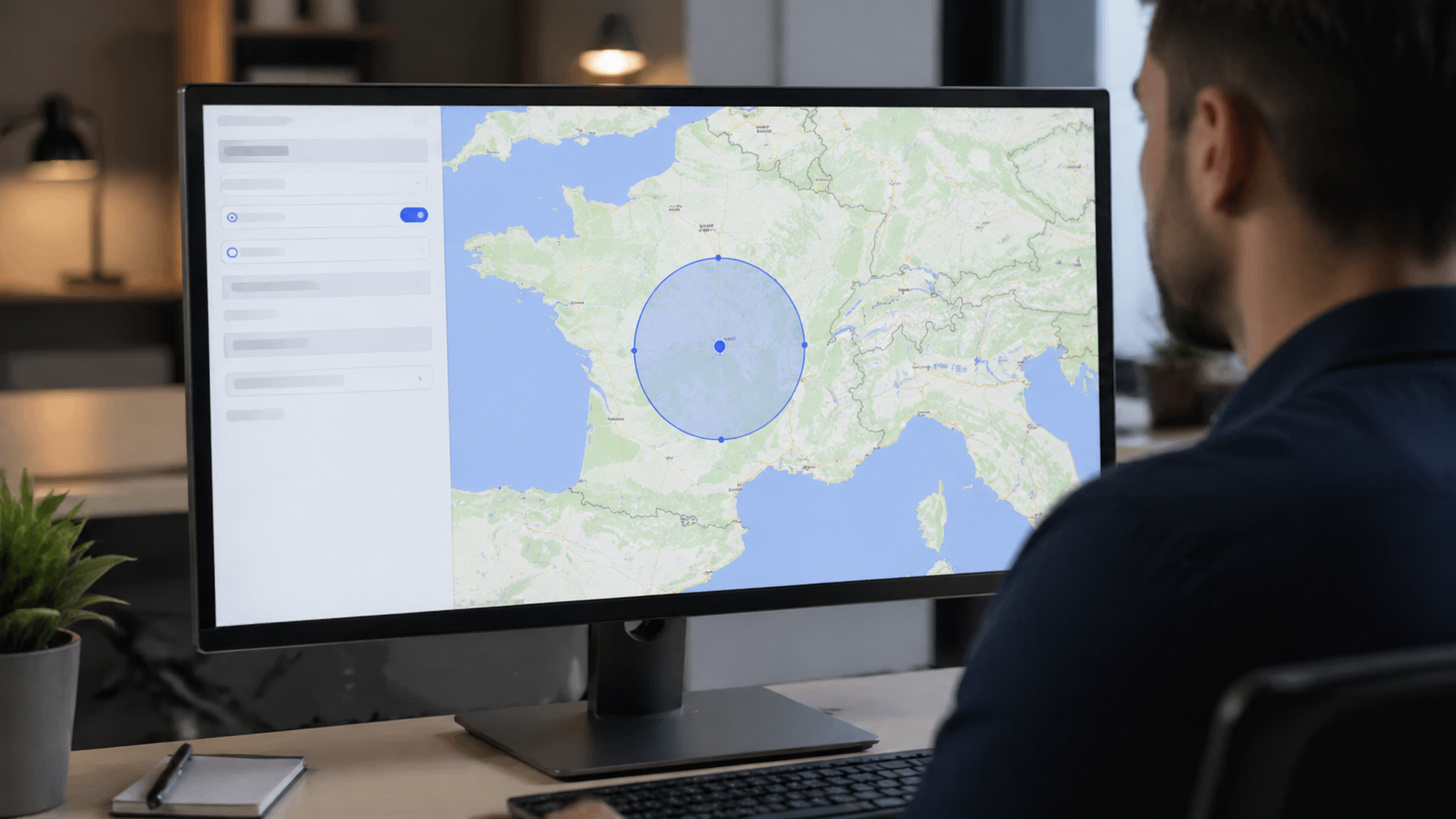 Carte de ciblage géographique Google Ads avec zone délimitée autour d'une ville