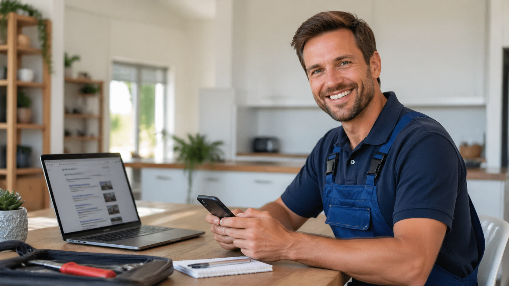 Artisan plombier souriant avec téléphone et laptop, résultats Google visibles